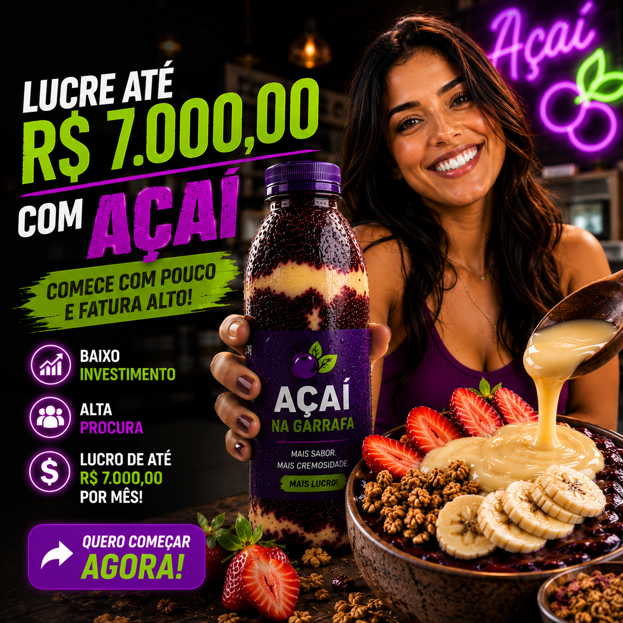Garrafa de açaí cremoso com tigela ao lado